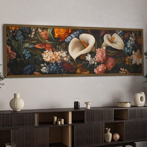 Bunte dunkle Blumen gerahmte Leinwand Wand Kunst Druck, lange horizontale Blumen Leinwand Druck, Panorama Blumen Wandkunst, über dem Bett Wanddekor