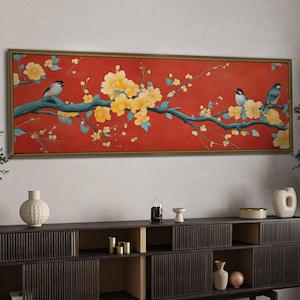 Horizontale Blumen-Leinwandkunst, Panorama gerahmte Leinwand, horizontale Wandkunst, über dem Bett-Dekor, Blumenmalerei auf Leinwand