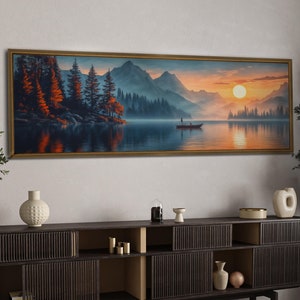 Moody Sunset Landscape Wall Art, Vintage Panoramic Canvas Painting, Panoramic Horizontal Landscape, Above Bed Decor, Framed Wall Art