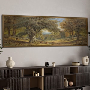 Tree Landscape Framed Canvas Painting, Horizontal Wall Art, Panoramic Landscape Print, Above Bed Decor, Vintage Painting Print