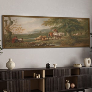 Panoramic Landscape Painting, Framed Canvas Wall Art, Landcsape Wall Decor, Horizontal Wall Art, Above Bed Decor, Vintage Painting Print