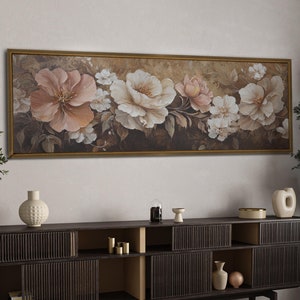 Panorama Blumenwand Kunst gerahmt, Leinwand Wand Kunst Druck, lange horizontale Leinwand Druck, über dem Bett Dekor, Ölgemälde Blumen Wand Kunst