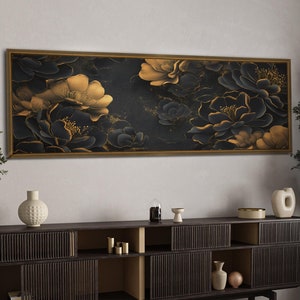 Horizontale dunkle florale gerahmte Wandkunst, Blumenwanddruck, über dem Bett-Dekor, gerahmte Leinwandwandmalerei, lange schmale Wandkunst gerahmt