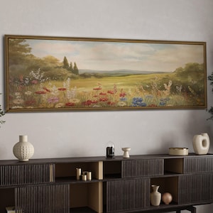 Wildblumen Feld Wandkunst, Panorama gerahmte Leinwand Wandkunst, Landschaft Leinwanddruck, Über dem Bett Dekor, horizontale Wandkunst