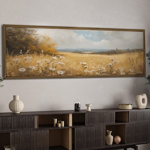 Wildblumen gerahmte Leinwand Wandkunst, Panorama Landschaftsdruck, horizontale Wandkunst, Blumenwandkunst, über dem Bett-Dekor, große breite Wandkunst