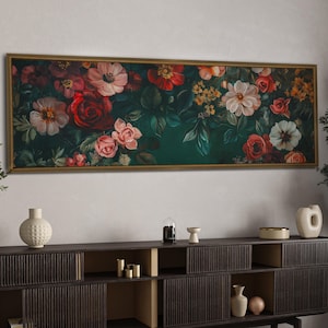 Panorama Blumen gerahmte Leinwand Wandbild, horizontale Wandkunst, Panorama Blumendruck, Blumenwanddekor, über dem Bett Dekor