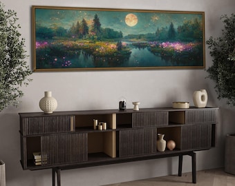 Tela panoramica con foresta al chiaro di luna / Paesaggio da sogno / Decorazione da parete con cornice orizzontale