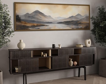 Neutrale Berglandschaft Panoramaleinwand | Minimal Art Landschaft Wandbild | Horizontal gerahmte Wanddekoration