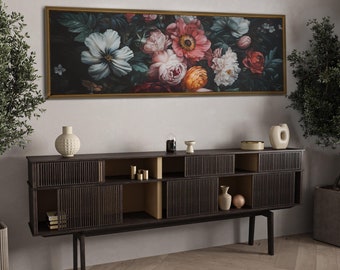 Dark Floral Wall Art | Moody Botanical Canvas | Vintage Flower Painting Panorama