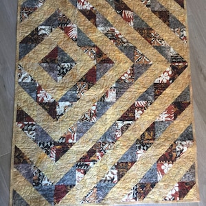 Quilted Memory Blanket, Colorful Half Square Triangles in Sand Tapa, Batik in Gray, Half Square Triangles, Modern Design