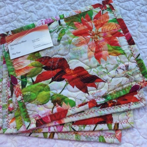 Quilted (set of 4)Christmas Mug Rugs, Christmas Placemats, Table Mats, Snack Mats, Drink Coasters, Coasters, Poinsettias, Reversible