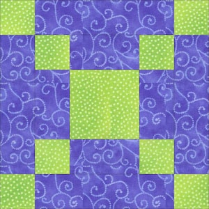 May include: A patchwork quilt block with a repeating pattern of squares and rectangles. The design uses a vibrant colour scheme of purple with a swirling pattern, and bright green with a dotted pattern. The block is likely for quilting or fabric crafts.