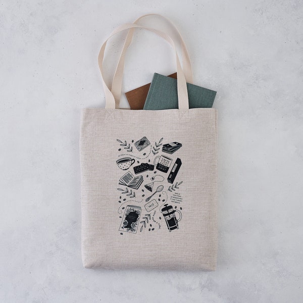 Reader Tote Bag - Boeken, koekjes en warme dranken - Boekenliefhebber's favoriete dingen - Literaire Tote - Boekenliefhebber Cadeau - Boekentas