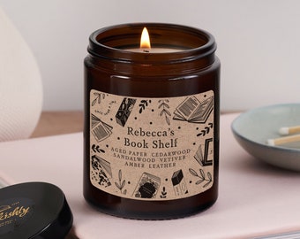 Personalised Candle - Book Candle - Name's Book Shelf Personalised Candle Label - Book Smell - Soy Wax Candle - Vegan Candle