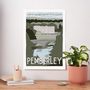 Lámina artística de Pemberley - Póster de viaje vintage inspirado en Orgullo y prejuicio - Arte mural literario - Regalo literario para fans de Jane Austen