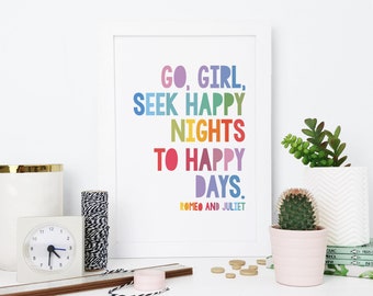 Shakespeare 'Go Girl, Seek Happy Nights...' Literary Quote Print - Rainbow Children's Print - Nursery Print - Children's Room Wall Art