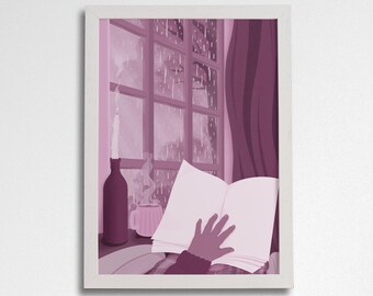 Reading in the Rain Art Print - Cosy Bookish Wall Art - Literary Decor for Readers - Rainy Day Aesthetic Book Lover Gift