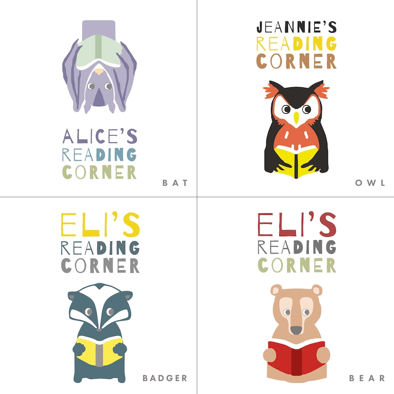 May include: Four colorful illustrations of animals reading books. Each illustration features a different animal: a bat, an owl, a badger, and a bear. The text below each illustration reads "[Animal's name]'s Reading Corner".