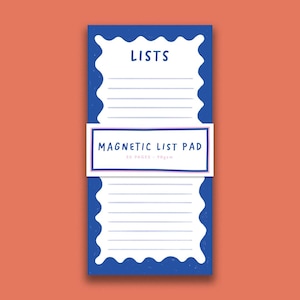 May include: Blue magnetic list pad with white lines and the text "LISTS" at the top and "MAGNETIC LIST PAD 50 PAGES - 90gsm" in a white rectangle at the bottom.