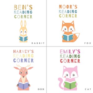 May include: Four colorful illustrations of animals reading books. Each illustration features a different animal: a rabbit, a fox, a deer, and a cat. The text above each animal reads "[Animal's name]'s Reading Corner".