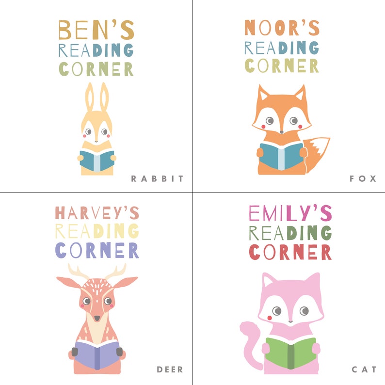 May include: Four colorful illustrations of animals reading books. Each illustration features a different animal: a rabbit, a fox, a deer, and a cat. The text above each animal reads "[Animal's name]'s Reading Corner".