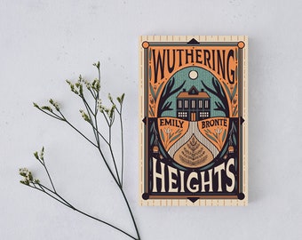 May include: A book cover with a vintage design featuring a house with a moon in the sky. The title "Wuthering Heights" is in a decorative font with the author "Emily Bronte" below. The cover is in shades of orange, yellow, and blue.