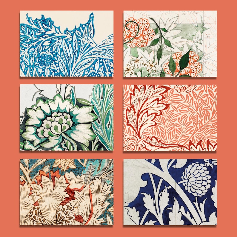 May include: Six rectangular art prints featuring botanical designs. The prints showcase detailed illustrations of flowers and foliage in various color palettes, including blue, green, red, and orange, set against a white background.
