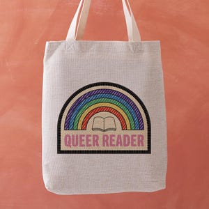 Queer Reader Tote Bag – Rainbow Bookish Merit Badge – LGBTQ Book Lover Gift