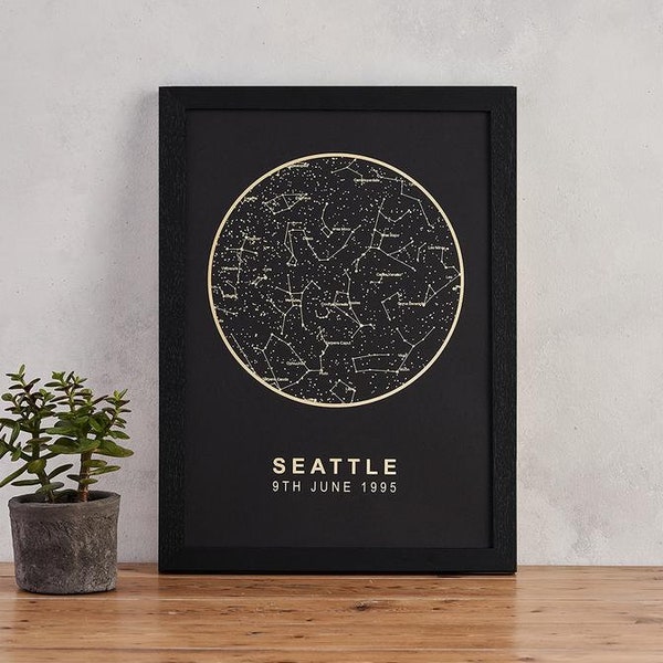 Map of the Stars - Black and Gold Star Chart Print - Anniversary Gift for Him - Wedding Gift - Night Sky Print - Custom Star Map - Sky Map