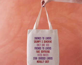 Romance Tropes Tote Bag – Book Lover Gift for Romance Readers, Funny Bookish Bag, Book Tote for Spicy Romance Fans