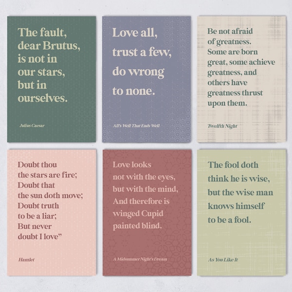Conjunto de postales de William Shakespeare - Citas de libros clásicos - Regalo literario - Paquete de seis
