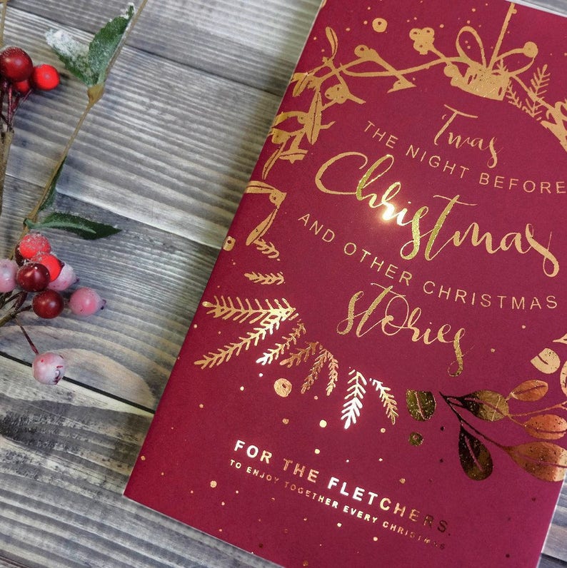 Personalised Christmas Eve book. Custom Christmas Book. Twas the night before Christmas. Xmas Eve gifts. Gold foiled. Traditional Christmas Present. Gifts for the family. Bookishly. Gifts for book lover, bookworms, readers, bibliophiles.