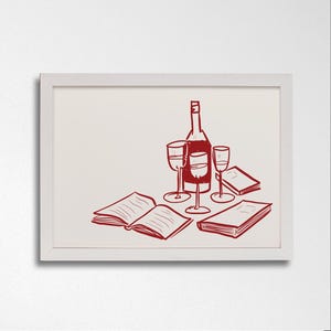 May include: A red line drawing of a bottle of wine and three wine glasses on a table with two open books.