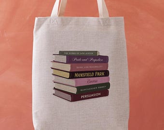 Jane Austen Book Stack Tote Bag – Pride and Prejudice Gift – Literary Tote for Book Lovers