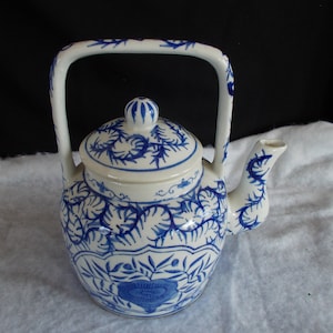 Vintage Small  Blue And White Handle  China Tea Pot