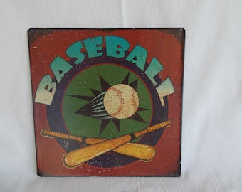 Vintage  9 1/2 x 9 1/2  Metal Rustic Looking Baseball Sign Wall Hanging Man Cave