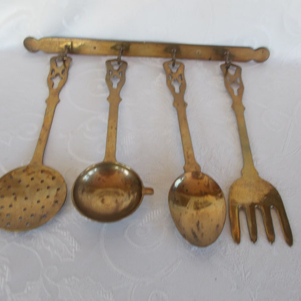 Vintage Long Brass Ornate Kitchen Utensils Wall Hanging
