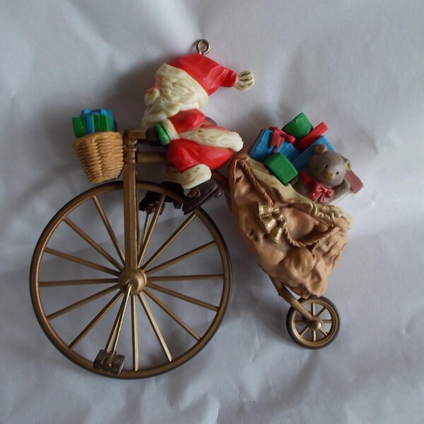 Vintage Large  Cycling  Santa Riding A Bike Christmas Tree Ornament // 1