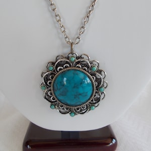 Vintage Silver Tone Ornate  Faux Turquoise Color Pendant  Necklace
