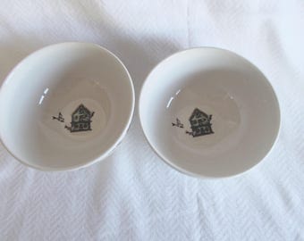 Vintage 2 Heavy Thomson Pottery Birdhouse Design  Soup Bowls