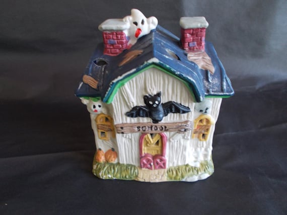 Vintage Small Ceramic Halloween School House Decoration
