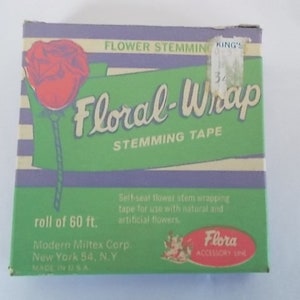 May include: A box of "Floral-Wrap Stemming Tape" with a red rose illustration. The box is green and purple with text that reads "roll of 60 ft." and "Made in U.S.A."