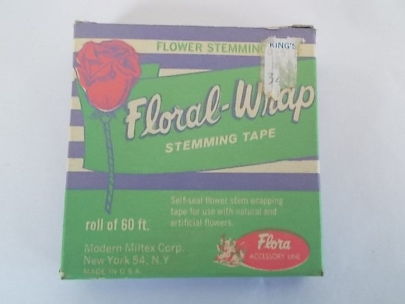 May include: A box of "Floral-Wrap Stemming Tape" with a red rose illustration. The box is green and purple with text that reads "roll of 60 ft." and "Made in U.S.A."