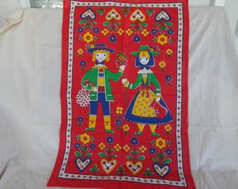 Vintage Large Cotton Flowers And Heart Tea Towel
