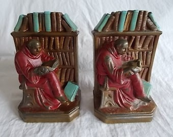 Vintage / Antique Armor Bronze Monk Reading A Book Bookends