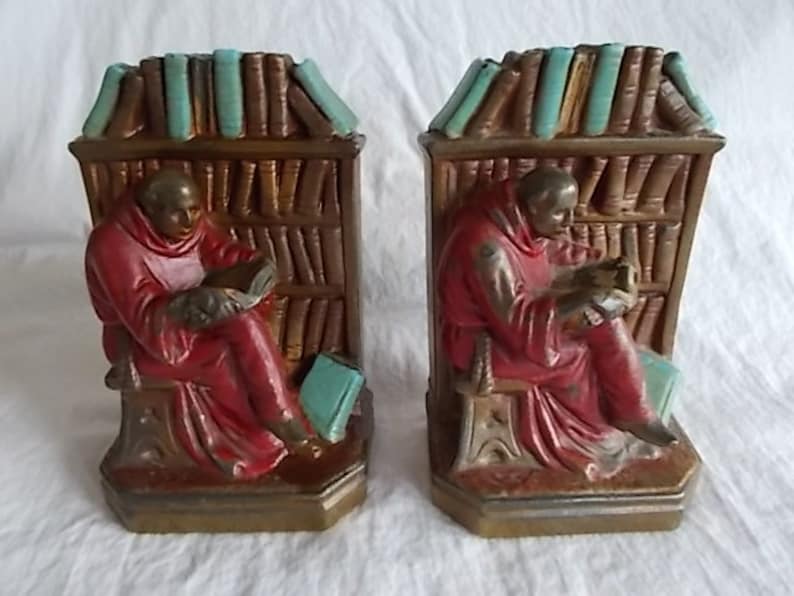 Vintage / Antique Armor Bronze Monk Reading A Book Bookends Etsy