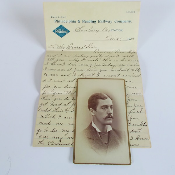 Antique  2 Used Handwritten Letters 1913 Philadelphia & Reading Railway Company Stationary And Antique Man Photo
