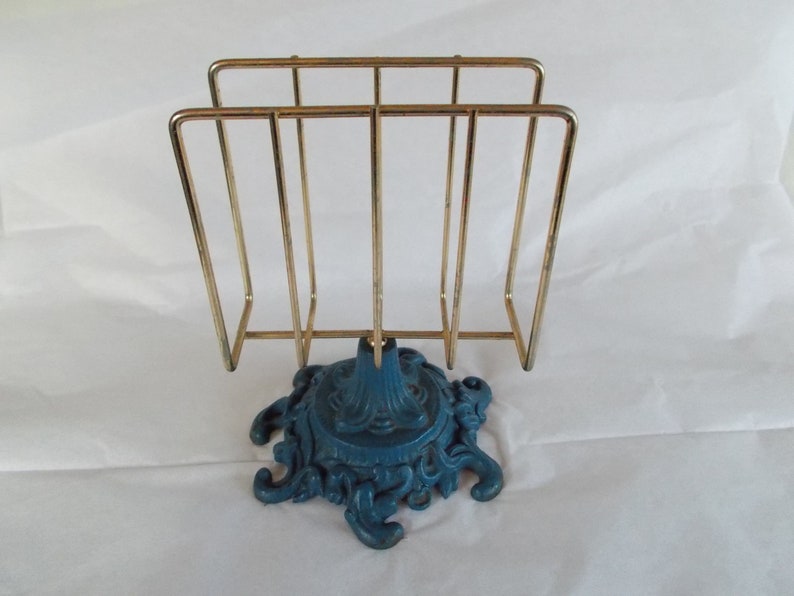 Vintage Gold Tone And Blue Metal Napkin Holder
