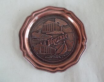 Vintage Virginia  Small 3 1/2 x 3 1/2 Copper Color Trinket Coaster // 1