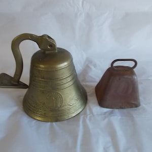 Antique Vintage Rustic Metal  Bell and Large  Brass Church Bell Lot